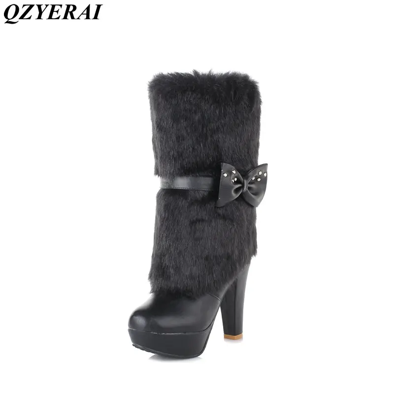 QZYERAI Europe winter ultra high heel female boot to the knee rabbit hair font b women