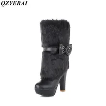 QZYERAI Europe winter ultra high heel female boot to the knee rabbit hair women shoes fashion