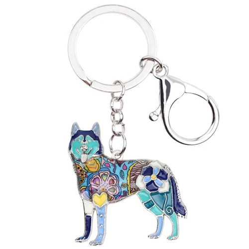 Bonsny эмаль Сибирский хаски собака брелок Сибирский хаски кольцо для ключей ювелирные изделия для женщин сумка Шарм брелок Сувенирные аксессуары - Цвет: Blue