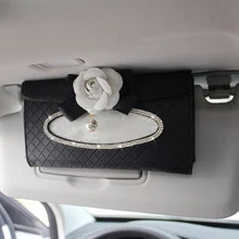 Crystal Car Tissue Box Sun Visor Camellia PU Leather Auto Tissue Bag Sunvisor Hanging Holder Case