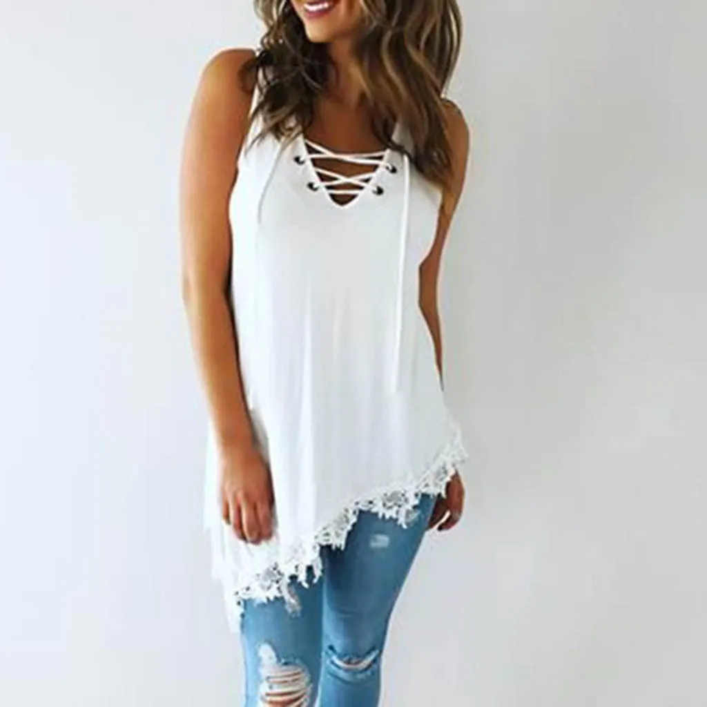 

tops Women Sexy V-Neck Bandages women top Lace Up Patchwork Hem Sleeveless Tank Tops#G6