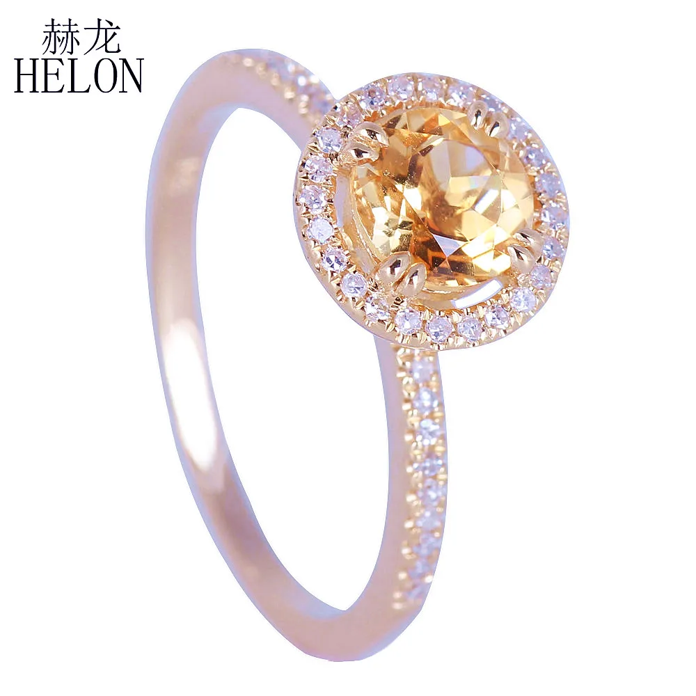 

HELON HELON Solid 10k Yellow Gold 6.5mm Round Genuine Citrine Ring Natural Diamonds Halo Engagement Wedding Ring Jewelry Women's