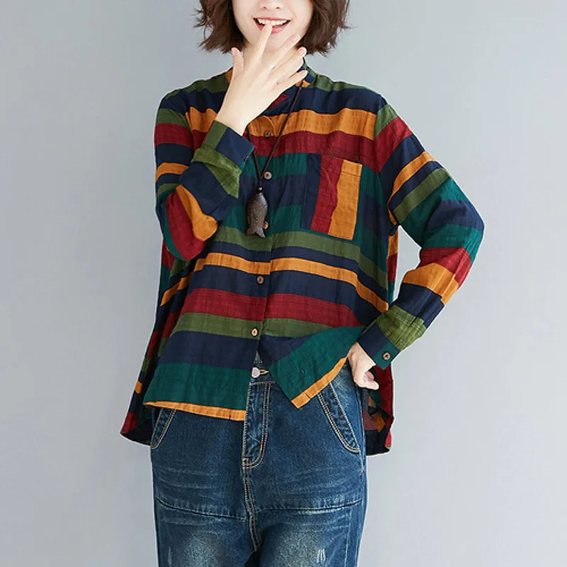 

Nefeilike Women Cotton Linen Blouses Long Sleeve Shirt Women Stand collar Colorful Femme Plus Size Female Shirts