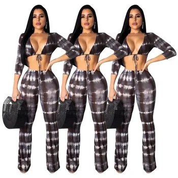 

New Arrival Fashion Striped Print Bandage Women V Neck Half Sleeve Top With Pants Women Suits