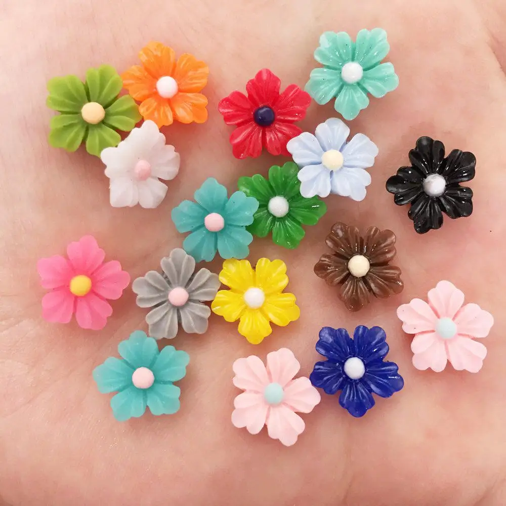 

New Mix 50pcs resin 12mm lovely mini Colorful Flower Flat back stone appliques DIY Wedding scrapbook craft SF577