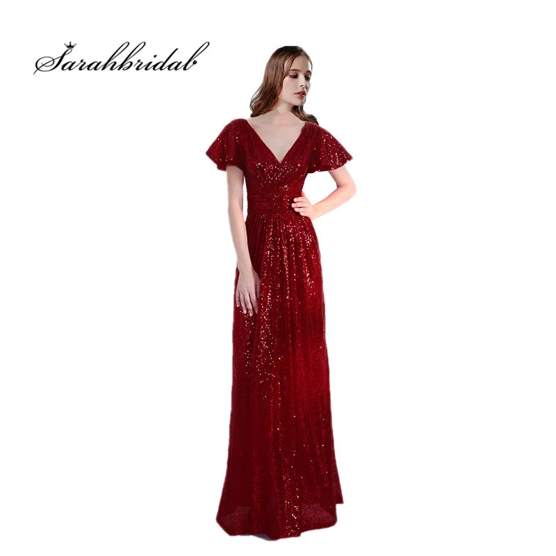 

Burgundy Long Evening Dresses Sexy V Neck Short Cap Sleeves Sequins Floor Length Party Prom Gowns Elegant Women Formal Wear 0307