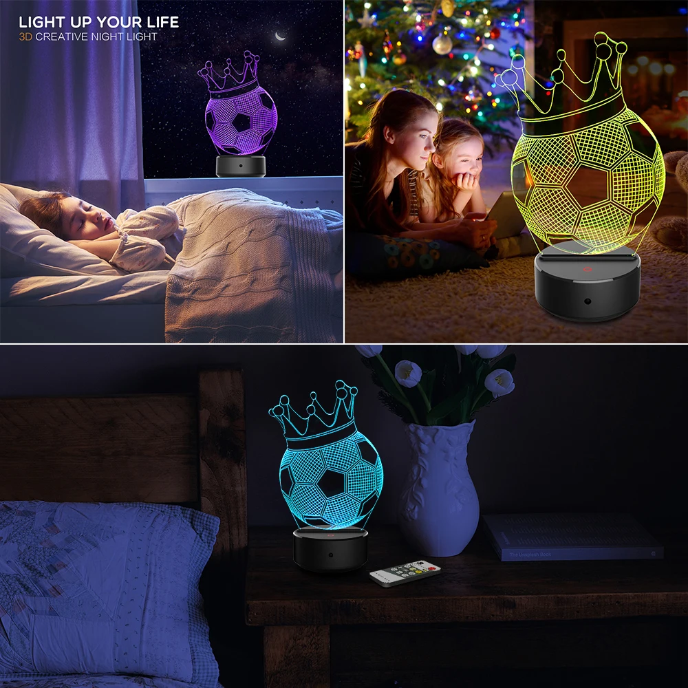 Корона Футбол 3D иллюзия Лампа 7 цветов Изменение сенсорный выключатель