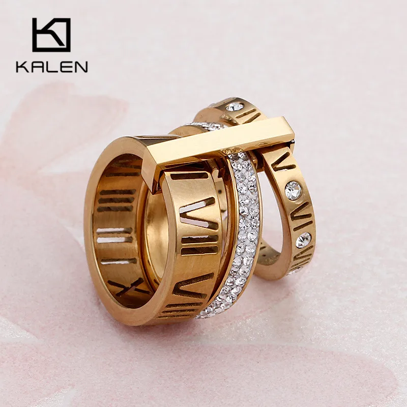Kalen стразы, кольца для женщин, нержавеющая сталь, золото, римские цифры, кольца на палец, женские кольца на свадьбу, обручальные кольца, ювелирные изделия