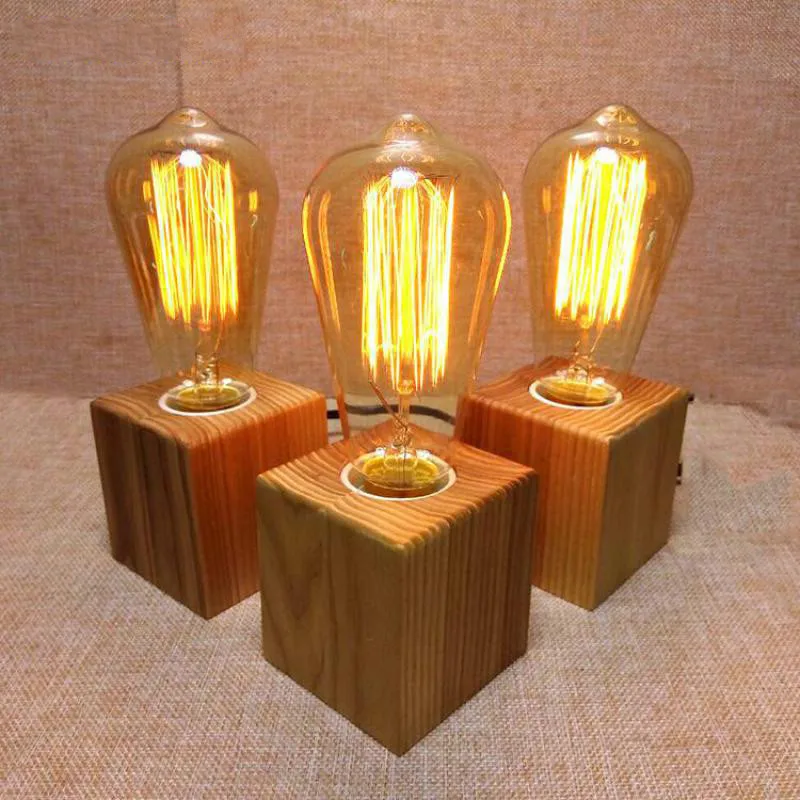 Wooden Table Lamp Vintage Desk Lamp 40W Edison Bulb 110v 220V Bedroom