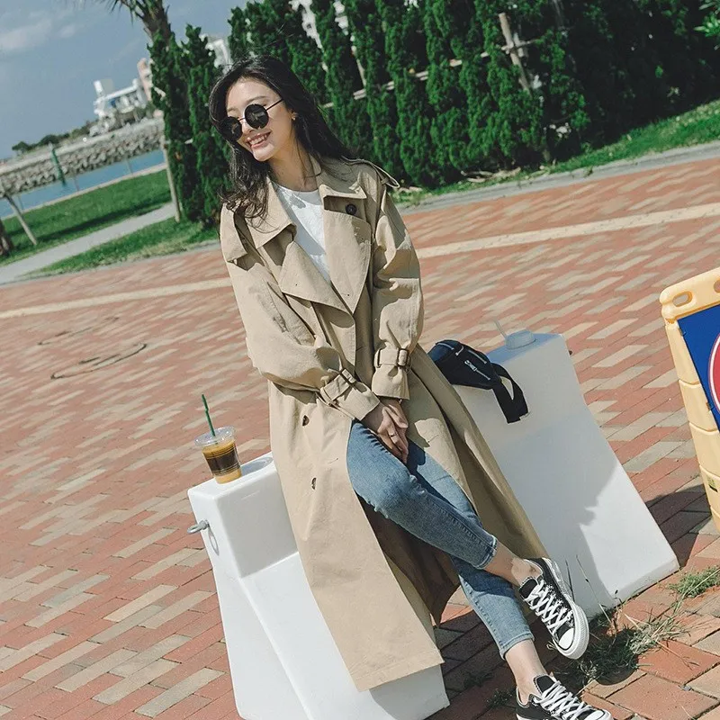 

2018 New Korean Notched Collar Trench Coat Casual Long Sleeve Belt Long Windbreaker Loose Thin Large Size Outerwear