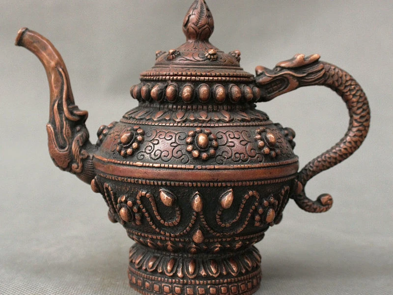 

Chinese Ancient Pure Bronze Dragon Loong Beast Handle Wine Tea Pot Flagon Statue