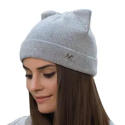 Теплые кошачьи уши Кепки брендовая зимняя вязаная шапка для Для женщин Открытый шерсть шляпа осень-зима Балаклава шапочка Кепки