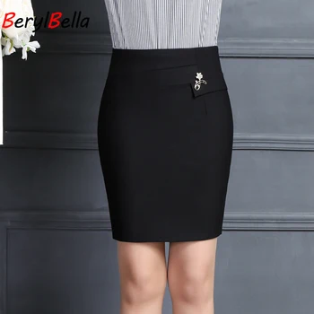

BerylBella Summer Ladies Formal OL Styles Professional Skirts Slim Hips Black For Women Business Shorts Skirt Plus Size Elegant