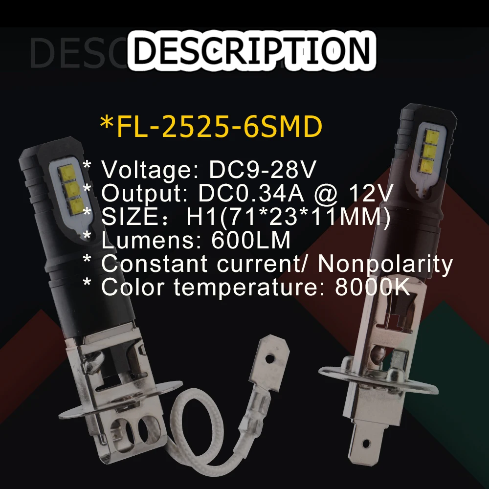 4 шт. DC 9-28 V H1 H3 2525 6SMD белый 8000 K Светодиодные лампы постоянного тока противотуманных фар Поворотная сигнальная лампа фара для автомобилей авто 600LM
