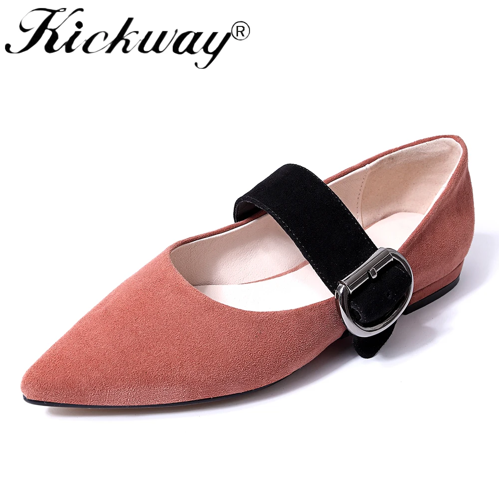 

2018 New Spring Autumn Sheep Suede Flat Buckle Strap Fashion Shoes Woman Casual Loafers Pointed Toe Oxfords Flats Plus Size 42