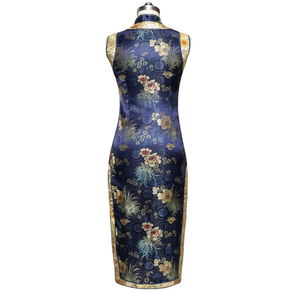 Синее женское атласное платье Ципао в китайском стиле, Летнее Длинное платье без рукавов, вечернее платье, Размеры s m l xl XXL 020502