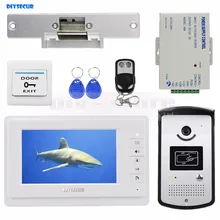 DIYSECUR 7 inch Video Intercom Door Phone System With Strike Lock Keyfobs Remote Exit Button Unlock 1V1