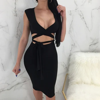 

2019 Summer Dress Women Deep V Neck Strapless Nightclub Sexy Dress Lace-Up Bandage Bodycon Dress Elegant Fashion Dress Vestido