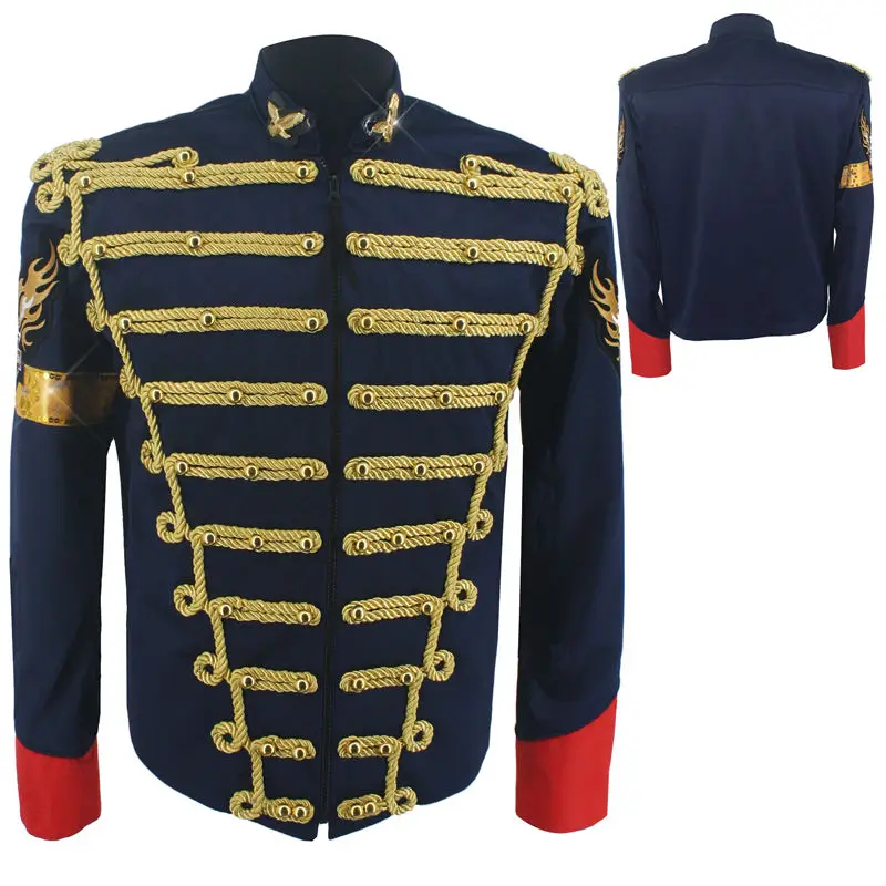 

Rare Fashion Retro Punk MJ Michael Jackson Dark Blue Military Army Royal Retro England Style Men's Threading Jacket 1980S