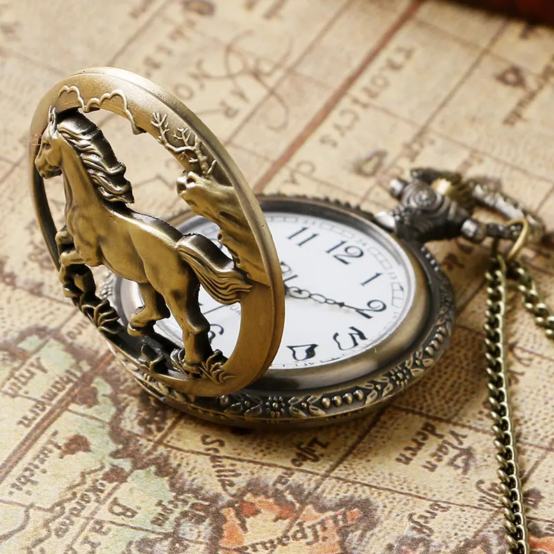 2018 Pocket Watch Retro Bronze Copper Horse Hollow Quartz Watch Clock Hour Fob 12 Zodiac Chain Pendant Birthday Souvenir Gifts for Men Women 2018 (10)