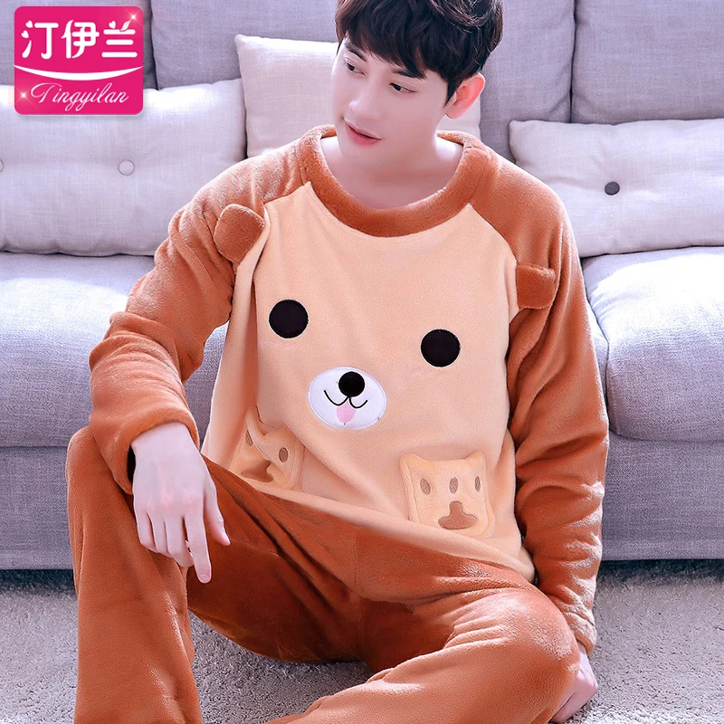 Men Pajama Sets Winter Autumn Coral Fleece Warm Men Sleepwear Suits Thick Homewear Long Sleeve Pijama Man Sleep Pyjama XXXL - Цвет: blue men pajama