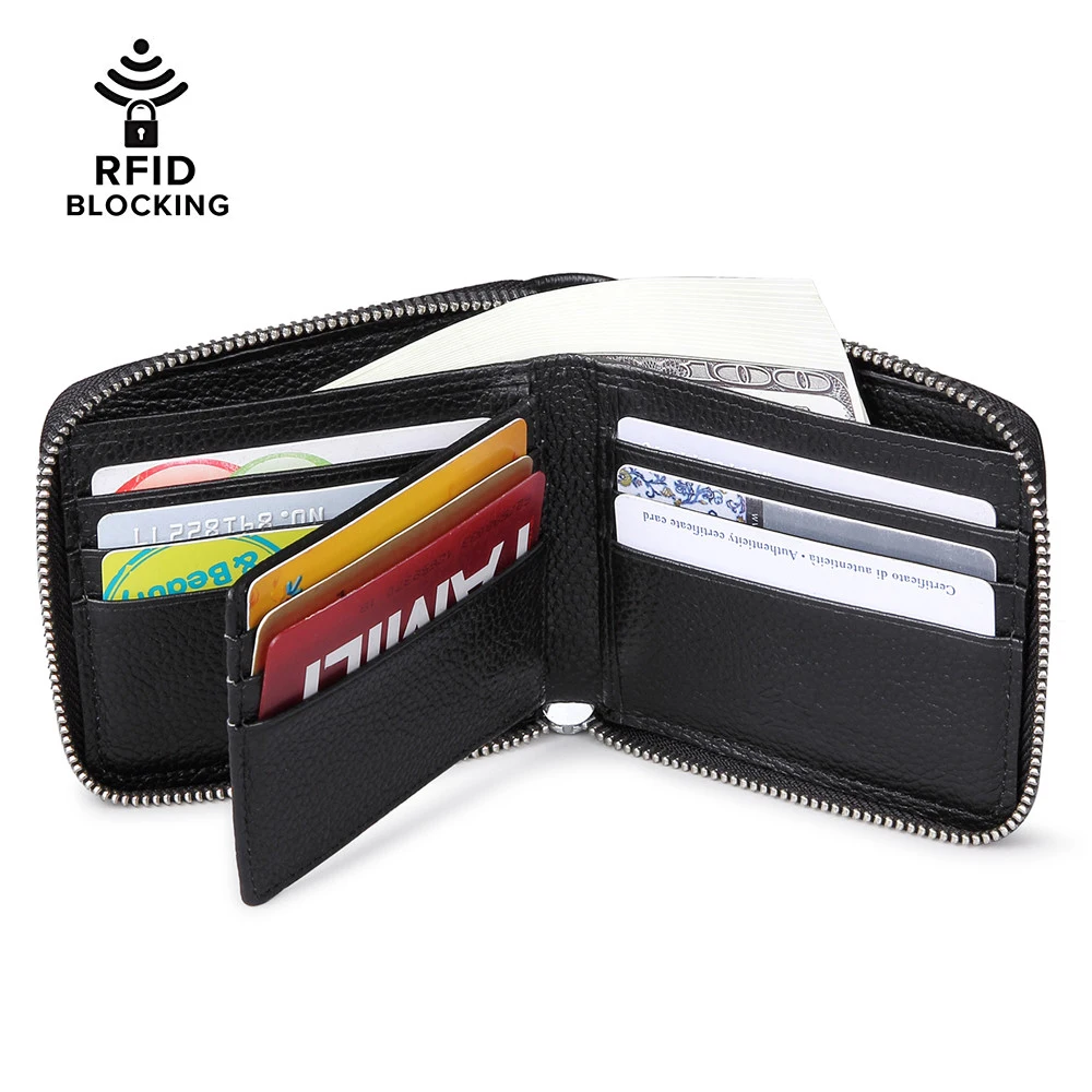 Mens Gents Real Genuine Leather Secure Zip Round Card Coin Note Wallet in Black