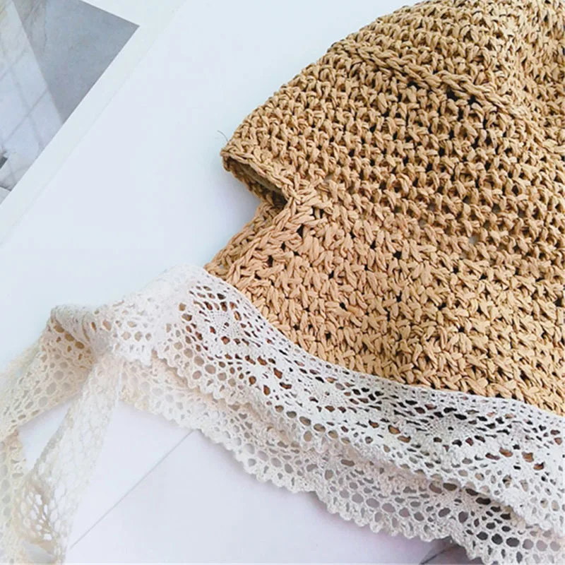 Sombrero женская соломенная шляпа, женская шляпа для девочек, Пляжная шапка, вязаная крючком, шапочка, кружевная шапка, дышащая Складная