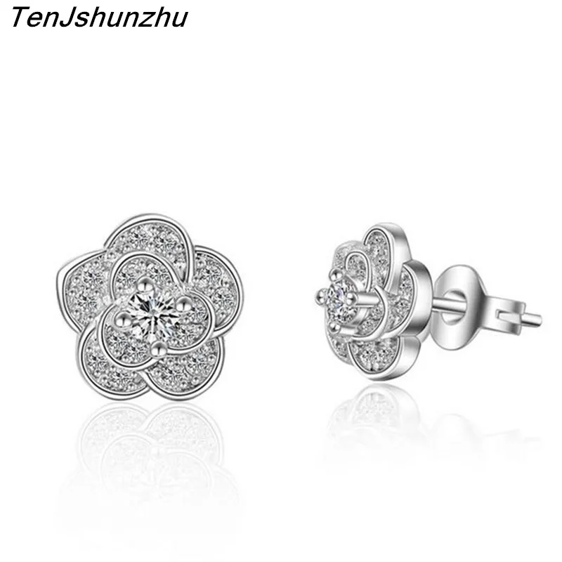 

100% 925 Sterling Silver Prevent Allergy Crystal Flower Stud Earrings for Women Girl Gift brincos boucle d'oreille