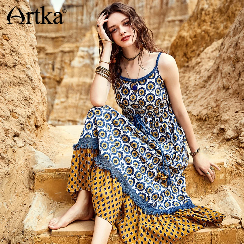 

ARTKA 2018 Summer New Women Vintage Patchwork Drawstring Ethnic High Waist Sleeveless Big Swing Strap Dress LA12085X