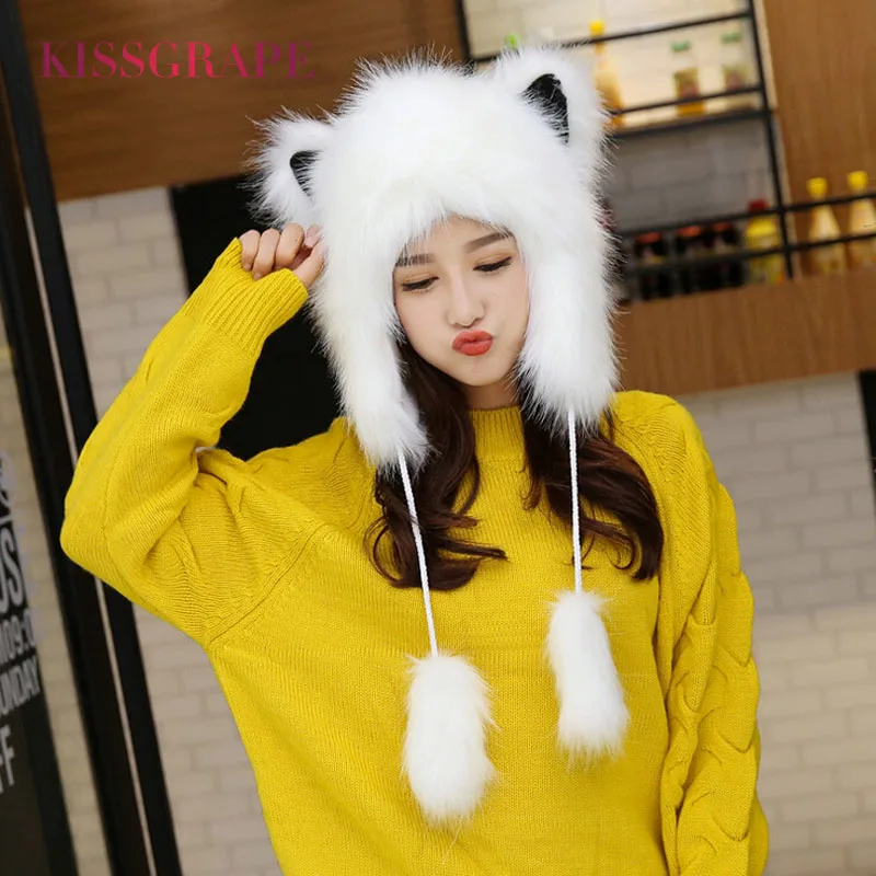 

New Winter Women's Warm Caps Fox Fur Hats with Ears Female Kids Girls Cartoon Festival Novelty Caps Beanies Soft Lovely Hats