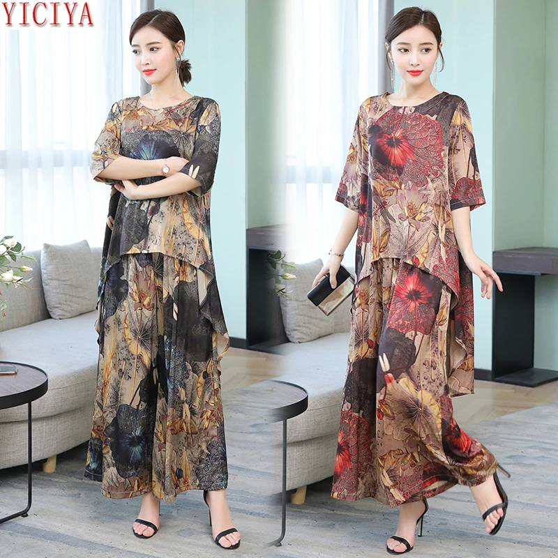 

Plus Size Large 2 Piece Set Women Co-ord Set Pant and Top 2019 Summer Outfit Tracksuit Sportswear Fitness Loose Print Floral