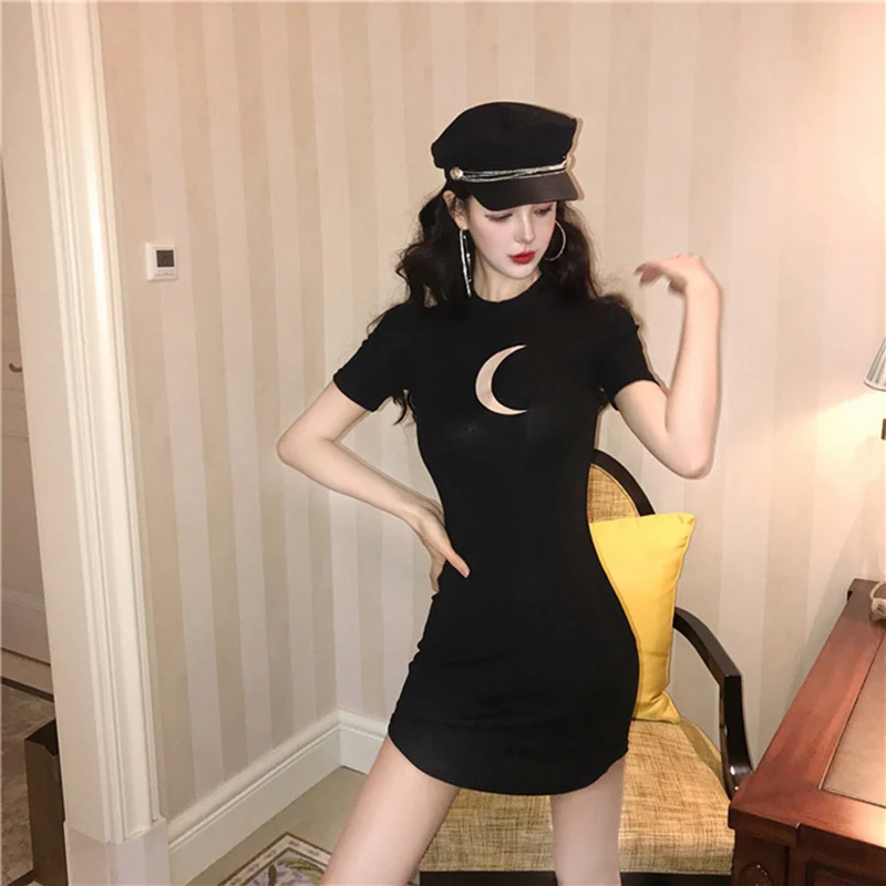 

Women Sexy Tight Moon print Round Collar short sleeve Sports Recreation Bag Hip Casual Dress Female Vestido