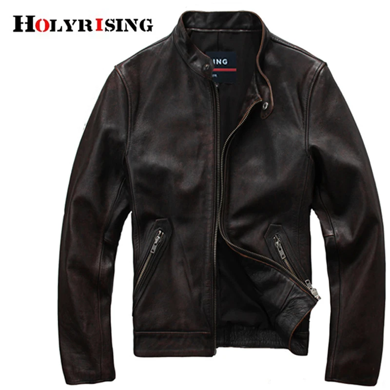 

Vintage Men Real Cow Jackets Zipper Genuine Leather Stand Streetwear Leisure Chaqueta-Moto-Hombre Gray Brown Leather Coat XS-2XL