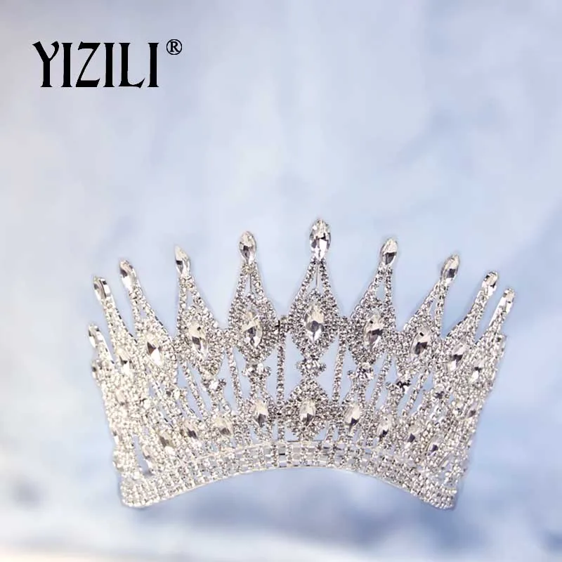 YIZILI, новинка, Роскошная большая Свадебная Корона невесты, стразы, великолепный кристалл, большая круглая Королевская корона, свадебные аксессуары для волос C070 - Окраска металла: silver plated