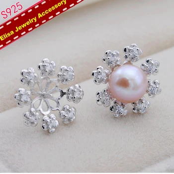 

Flower Stud Earrings Settings S925 Sterling Silver Pearl Earrings Components Lady DIY Earrings Holder 3Pairs/Lot