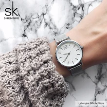 Sk super fino malha de prata aço inoxidável relógios feminina marca superior luxo relógio casual senhoras relógio pulso senhora relogio feminino