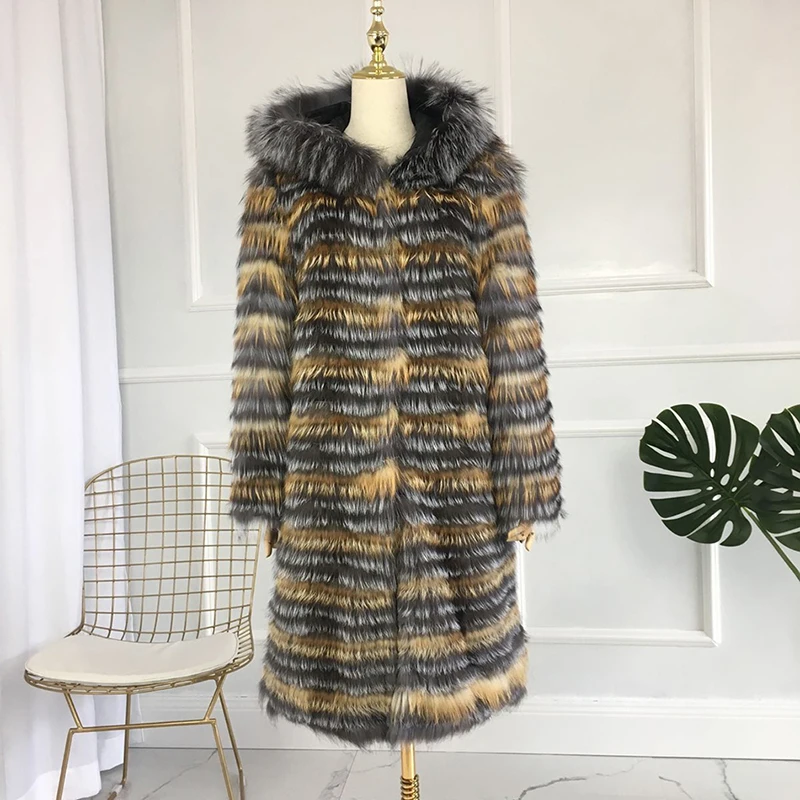 CNEGOVIK New Fashion Silver Fox Fur Coat With Hood Fur Coat Silver Fox Real Fur Coat 90CM Length Women Red Fox Fur Jacket