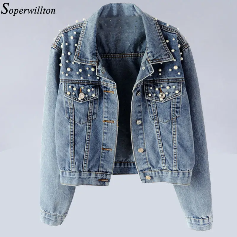 

Denim Jackets Women Bomber Coat Beading Short Jean Jacket Vintage 2019 Spring Autumn Long Sleeve Plus Size 4XL 5XL Casual A52