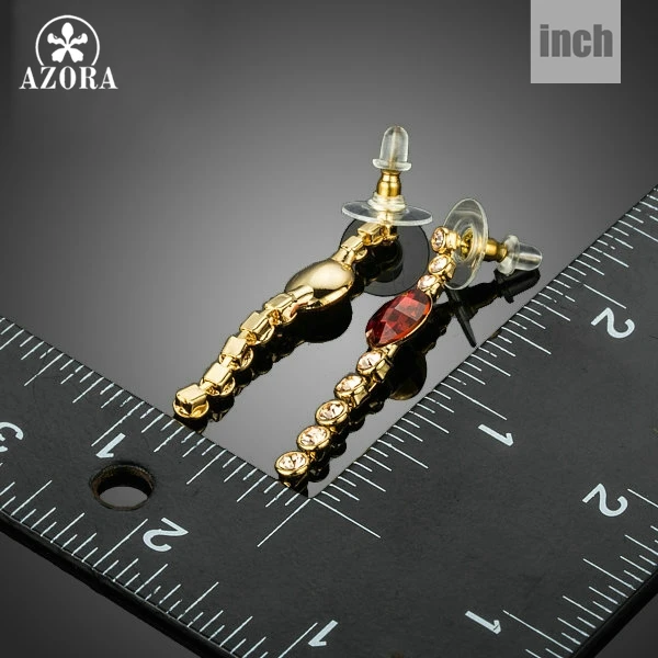 AZORA Elegant Gold Color Single Row Crystal Claw Chain Insert With Red Stellux Austrian Crystal Drop Earrings TE0209