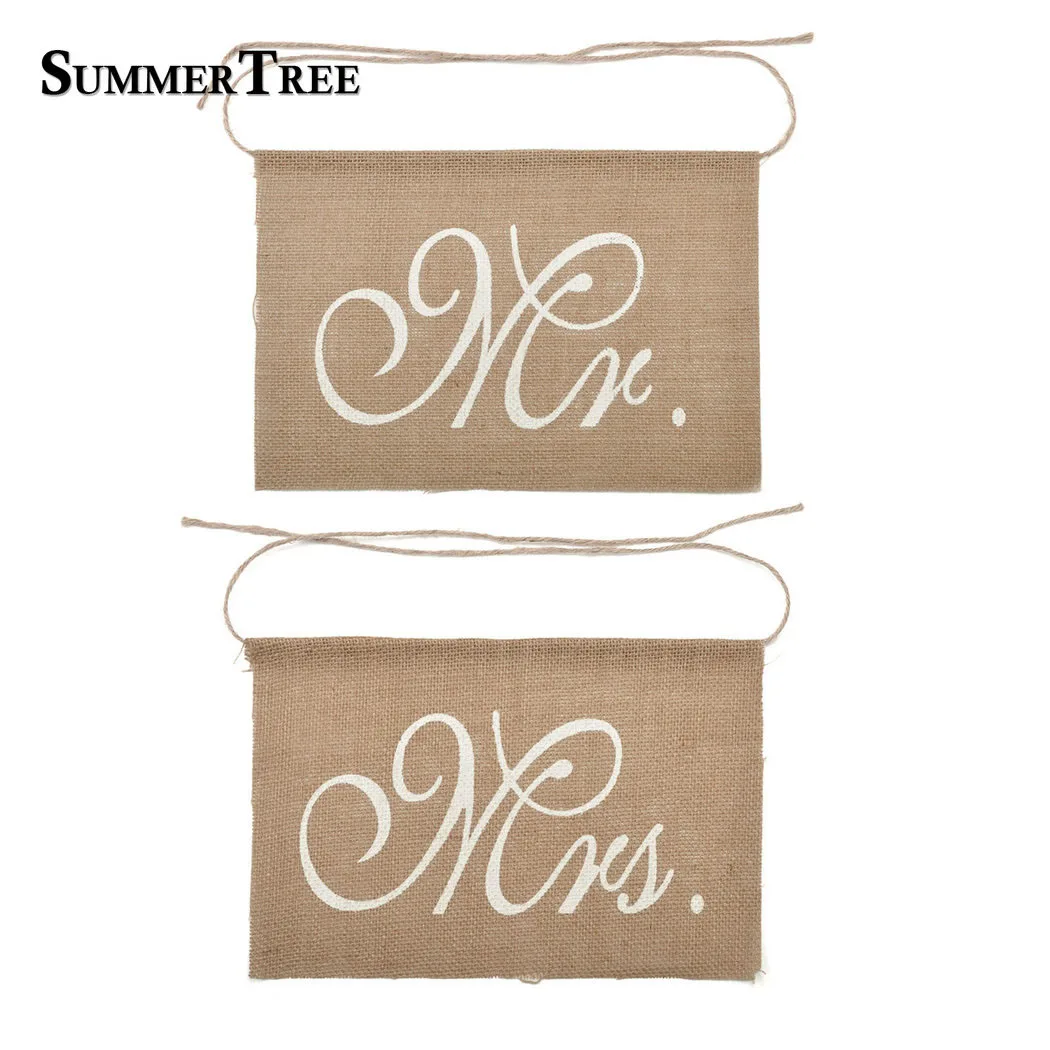 

1 set 30 x 20cm Natural Hessian Jute Mr. & Mrs. Burlap Chair Banner Set Chair Sign Garland Rustic Wedding Party Decoration