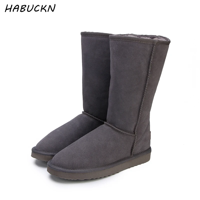 HABUCKN high snow boots for women winter shoes sheepskin leather fur lined big girls tall wool thigh winter boots black