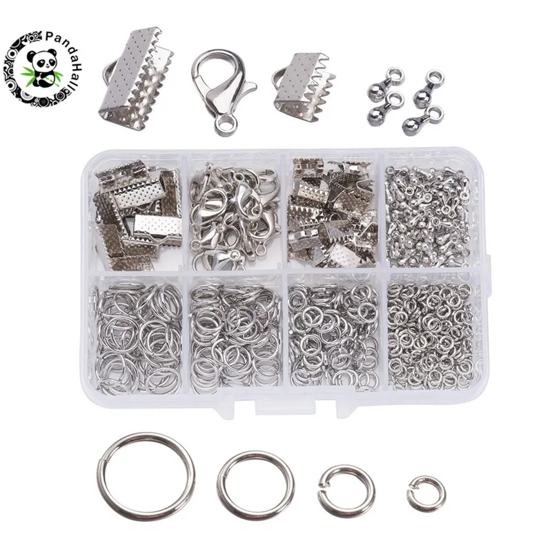 

1Box Platinum Jewelry Findings include Alloy Cliaw Clasps & Iron Ribbon Ends & Brass Jump Rings & Alloy Drop End Pieces