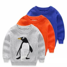Хлопковые вязаные пуловеры для маленьких мальчиков и девочек; сезон зима-осень; теплая верхняя одежда с круглым вырезом; милые свитера с пингвинами для мальчиков