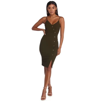 

Fashion Olive Green Yellow Black Bandage Dress High Quality Spaghetti Strap Bodycon Midi Party Dresses Casual Dress Wholesale
