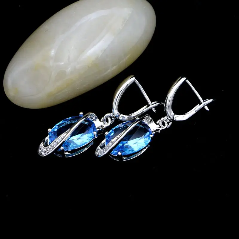 JAMILY Винтаж 925 Висячие серьги из серебра 925 пробы ярко голубой камень белый кристалл Модные украшения для женщин украшения