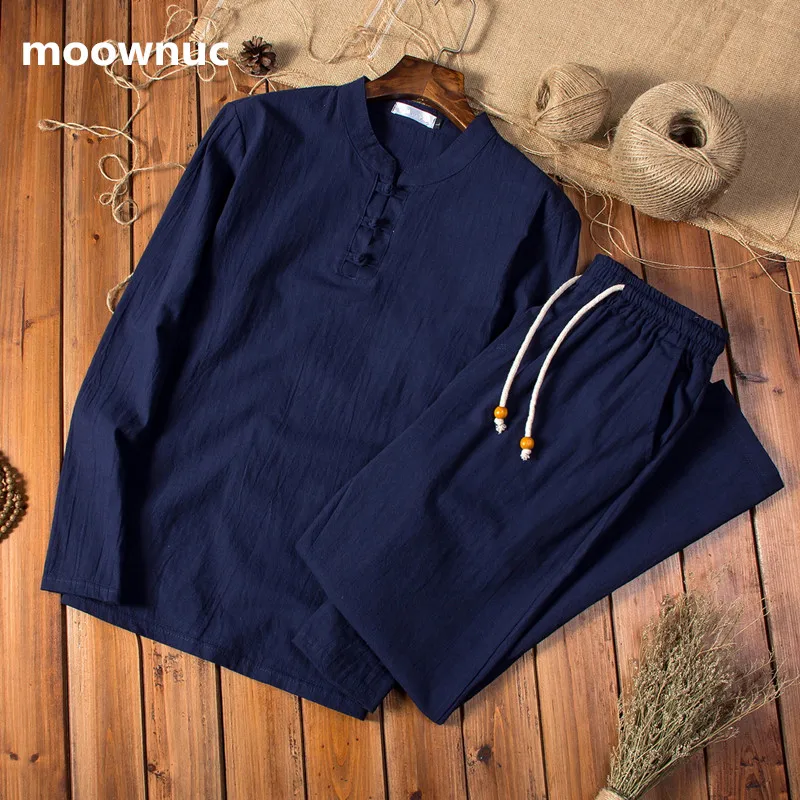 

Two pieces 2019 Autumn men Cotton and linen shirts Long sleeves men's casual shirts men big size M to 5XL (Shirt + trousers)