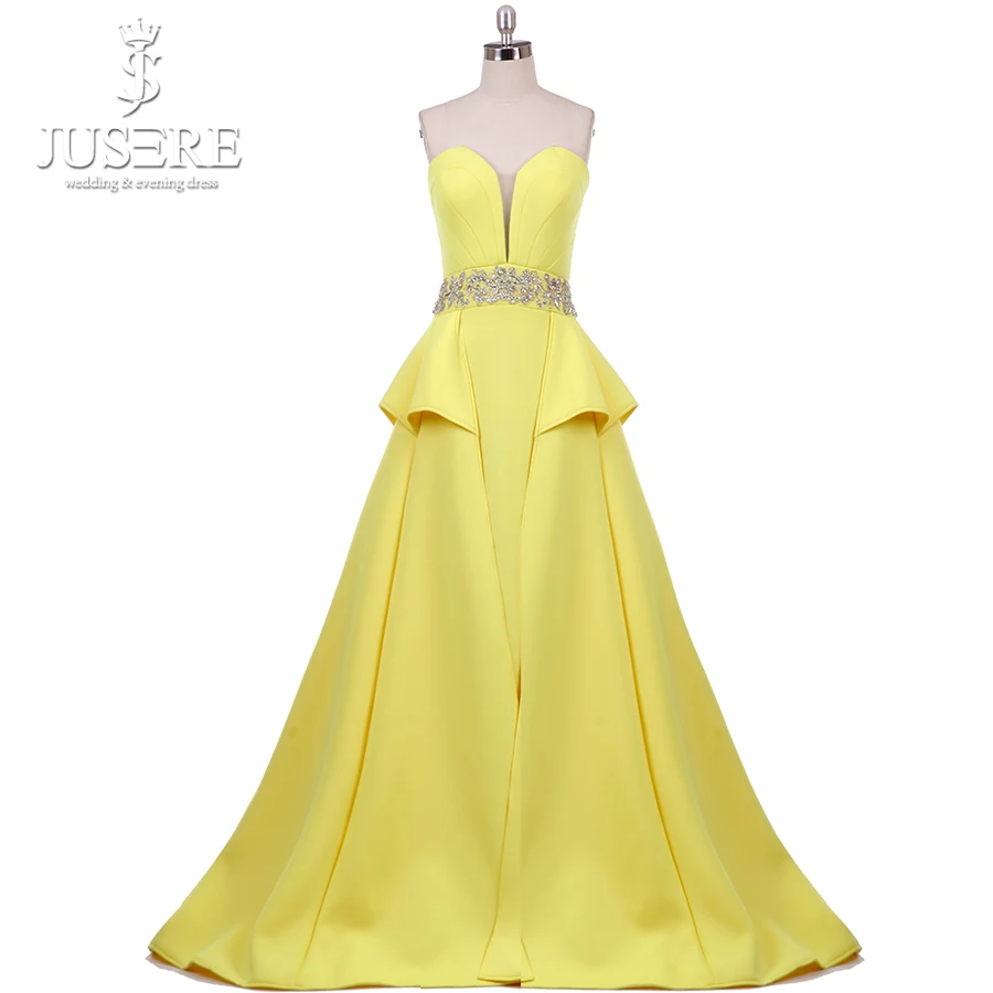 

Ready to Ship Sweetheart Peplum Waist Crystal Belt Zipper Up Back Court Train Lady Trumpet Bright Yellow Evening Dress