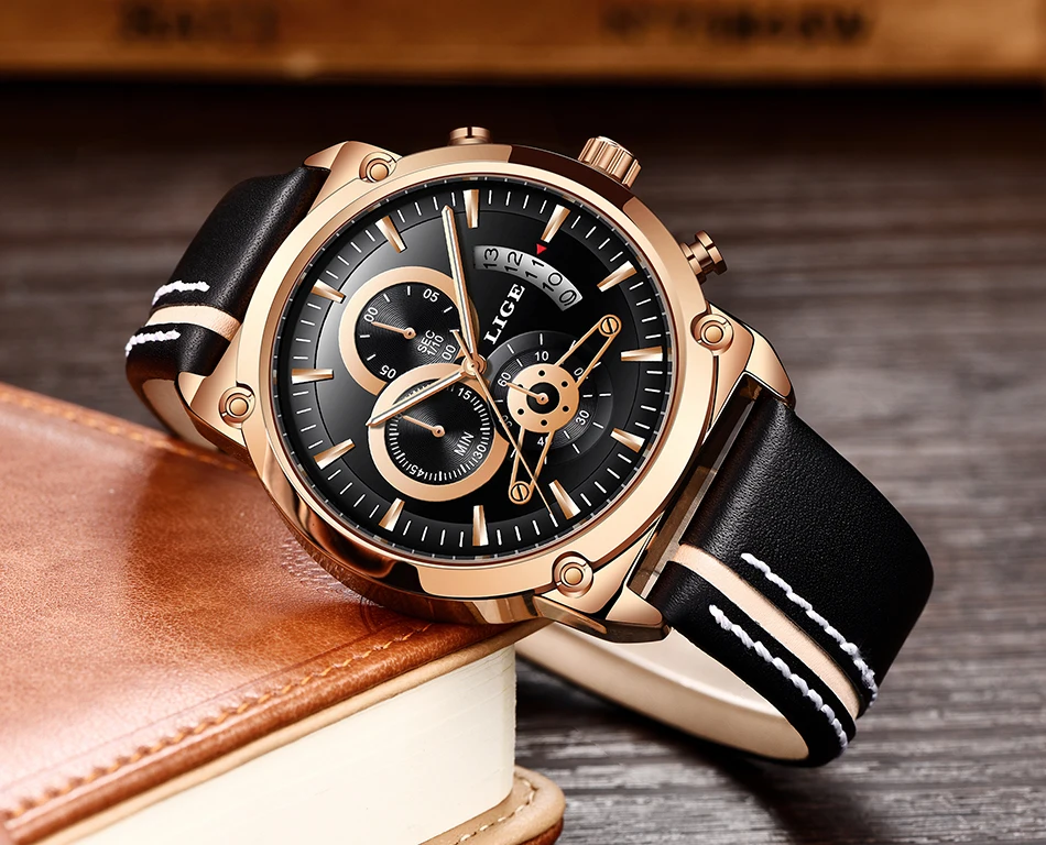 LIGE модные Для мужчин s часы мужской лучший бренд класса люкс Бизнес большой циферблат золотые кварцевые часы Для мужчин Повседневное кожа