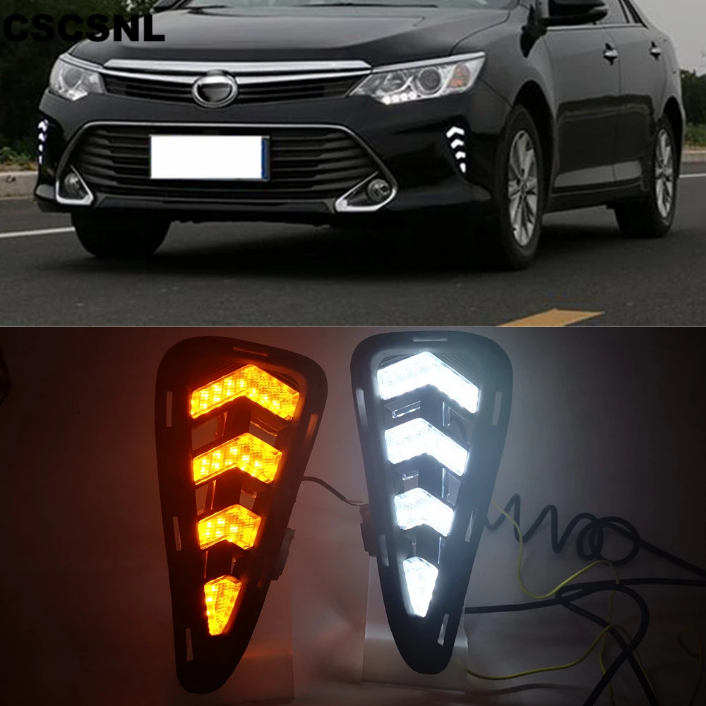 

CSCSNL 1 Set Car LED Daytime Running Lighs Daylight DRL Fog Light Cover With Turn Yellow Signal For Toyota Camry 2015 2016 2017