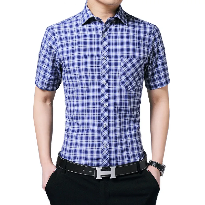 

Short Sleeve Solid Color Men's Business Plaid Print 100% Cotton Slim Plus size Summer New Asian Size M-5XL Free Shipping